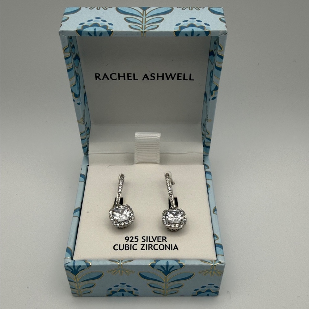 Rachel Ashwell 925 Sterling Silver Cubic Zirconia Halo Dangle Earrings Gift Box